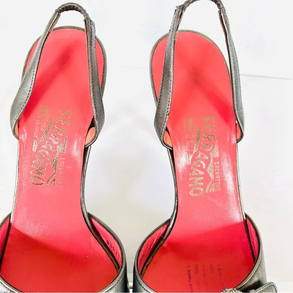 Ferragamo platinum metallic slingback sandals 8.5